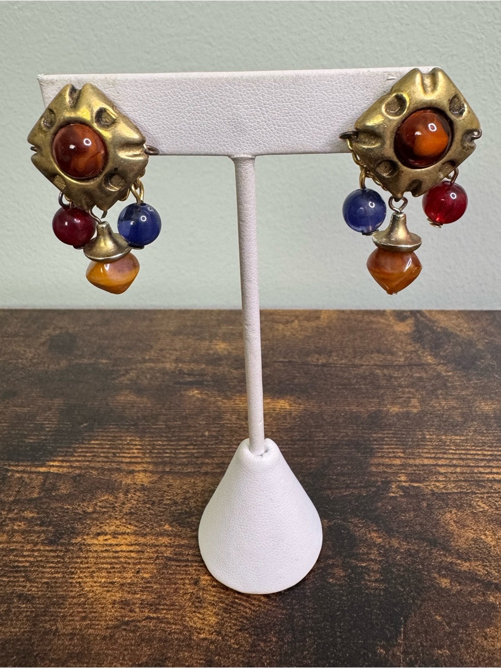 Vintage Gold-Tone Drop Clip-On Earrings with Amber, Blue & Red Beads
